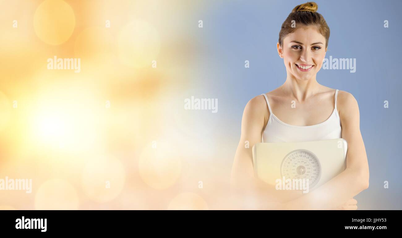Porträt von Fit junge Frau hält 3d Gewicht Scape Hintergrund bokeh Stockfoto