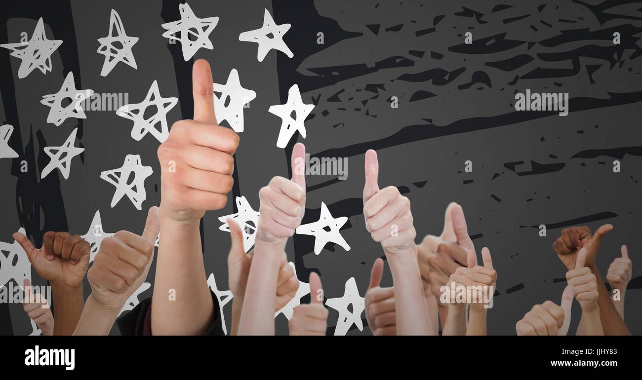 Die hand Daumen gegen grau gezeichneten amerikanische Flagge Stockfoto