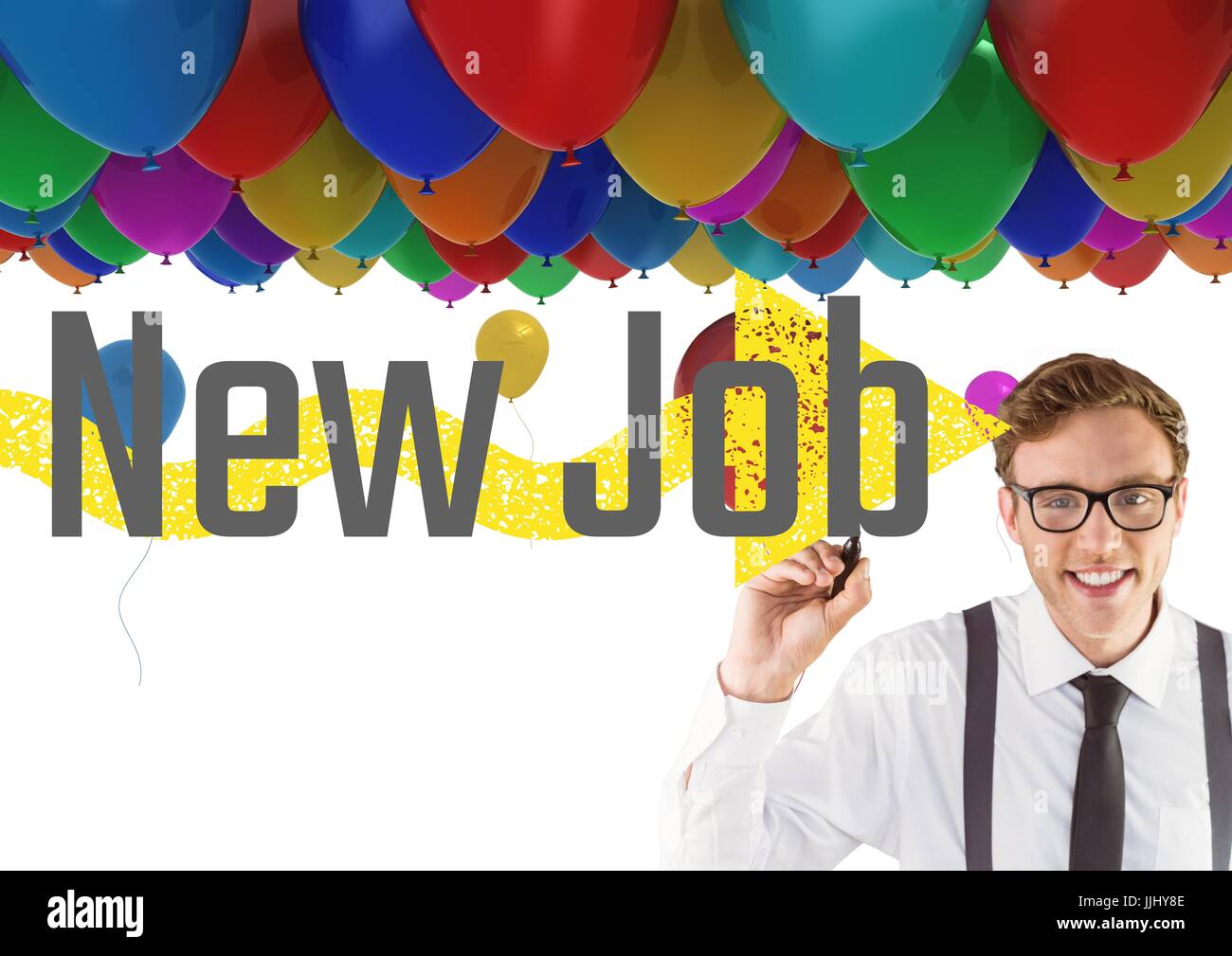 Glücklich Jungunternehmer mit Luftballons hinter schreiben neue Stelle auf dem Bildschirm Stockfoto