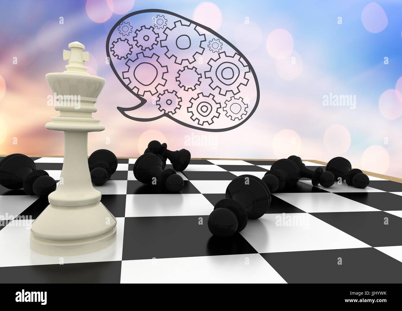 3D Schach Stücke gegen lila Bokeh und Rede Blase mit Zähnen Stockfoto