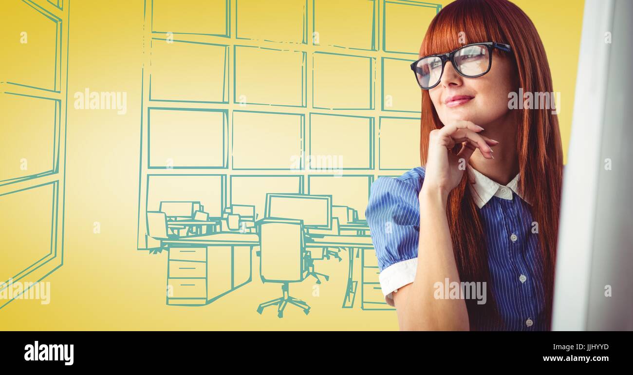 Milennial Frau am Computer gegen 3D gelbe und blaue Hand gezeichnet Büro Stockfoto