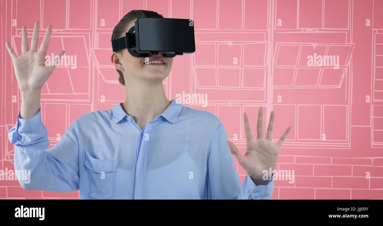 Business-Frau in virtual-Reality-Kopfhörer gegen rosa und weißen Hand gezeichnet windows Stockfoto