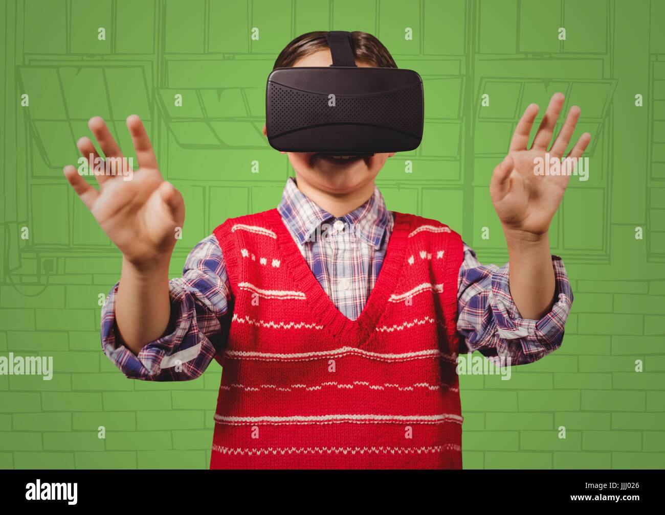 Junge in 3d virtual-Reality-Kopfhörer gegen grüne Hand gezogen windows Stockfoto