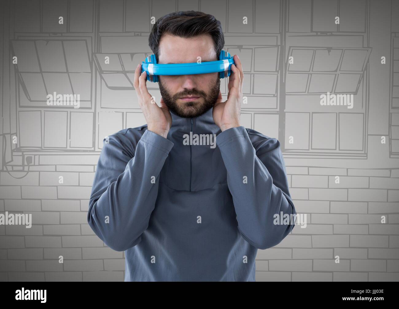 Mann im blauen virtual-Reality-Kopfhörer gegen 3d grau Hand gezeichnet windows Stockfoto
