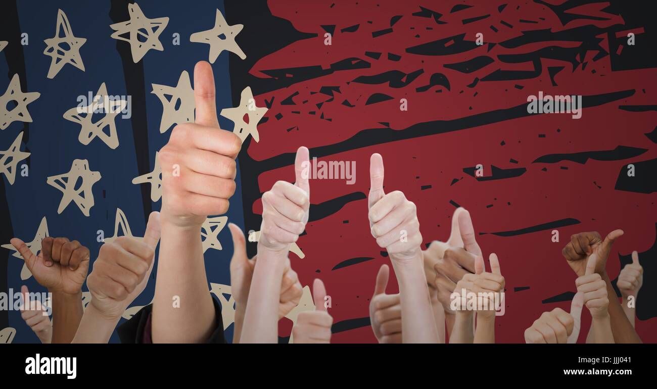 Hände geben Daumen gegen amerikanische Flagge Hand gezeichnet Stockfoto