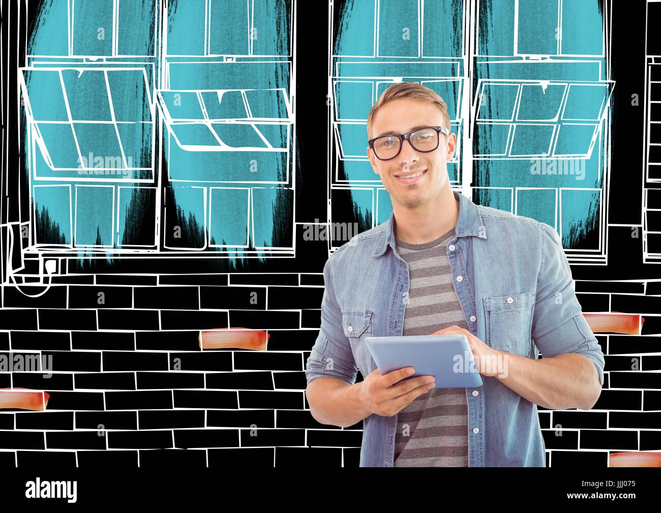 Junge glücklich auf der Vorderseite des neuen Büro Wand Linien in negativen (schwarzen Rücken und weißen Linien) mit Farbe de Stockfoto