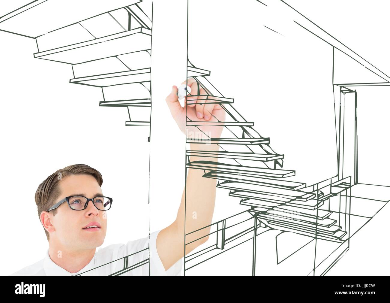junger Mann Zeichnung 3D Büro Treppen grüne Linien auf dem Bildschirm Stockfoto