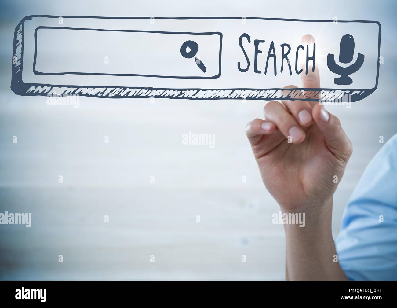 Einfarbiger Hintergrund und 3D-Grafiken mit Hand zeigen Stockfoto