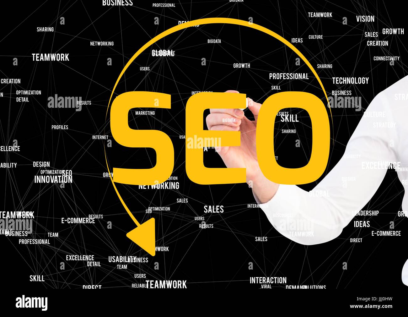 SEO mit Kreis Pfeil Schreiben vom Geschäftsmann. Verbindungen hinter Stockfoto
