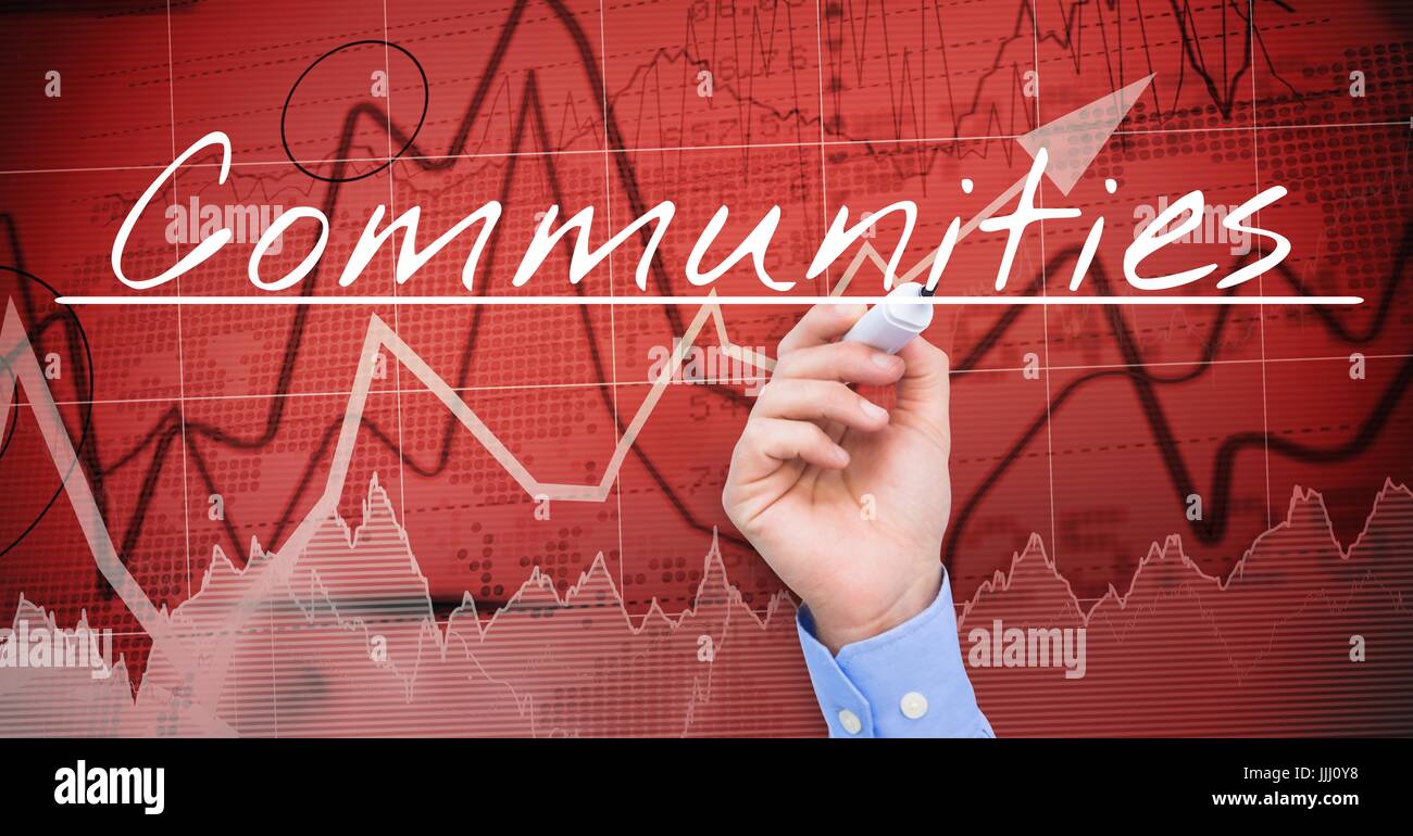Geschäftsmann Handschrift Gemeinschaften auf dem Bildschirm. Börse, roten Hintergrund Stockfoto