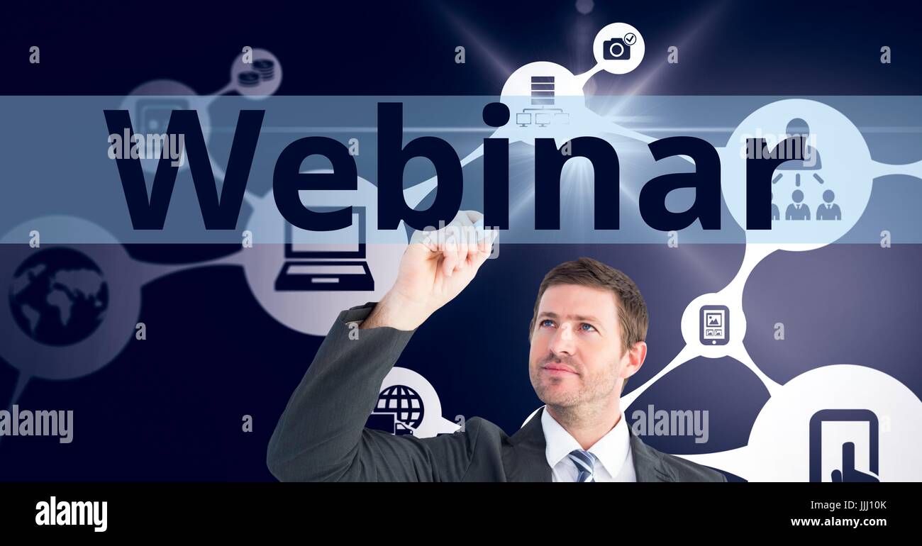 Geschäftsmann, schreiben auf dem Bildschirm WEBINAR. Internet Verbindungen Hintergrund Stockfoto