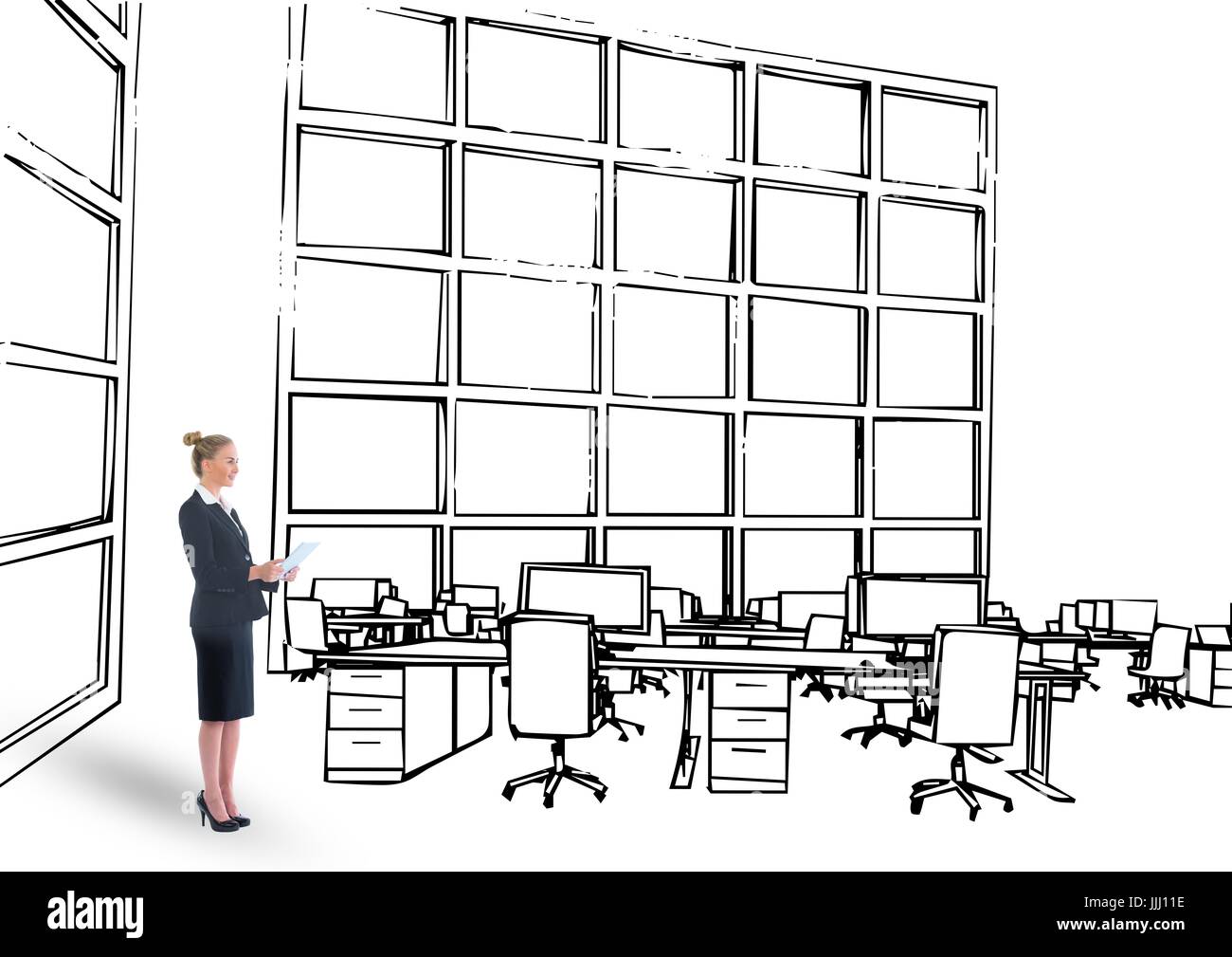 junge Geschäftsfrau mit Tablet auf 3D Büro Linien. Entwurf des neuen Büros Stockfoto