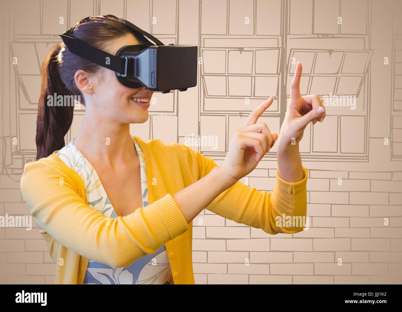 Frau in virtual-Reality-Kopfhörer gegen 3d Creme Hand gezeichnet windows Stockfoto