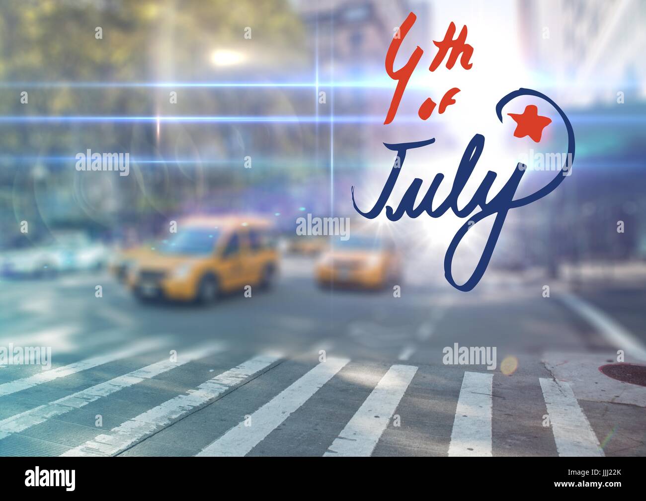 Fourth Of July Grafik gegen verschwommen Straßenszene mit Fackeln Stockfoto