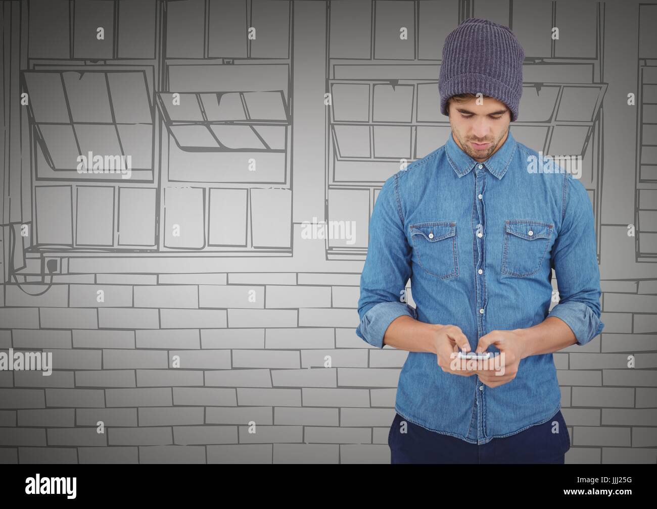 Tausendjährige Mann SMS gegen 3D grau Hand gezeichnet windows Stockfoto