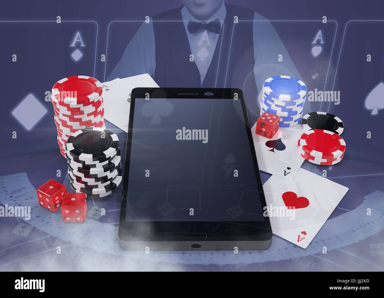 Telefon mit Poker-Casino-Chips und Spielkarten mit Croupier und Kopie Stockfoto