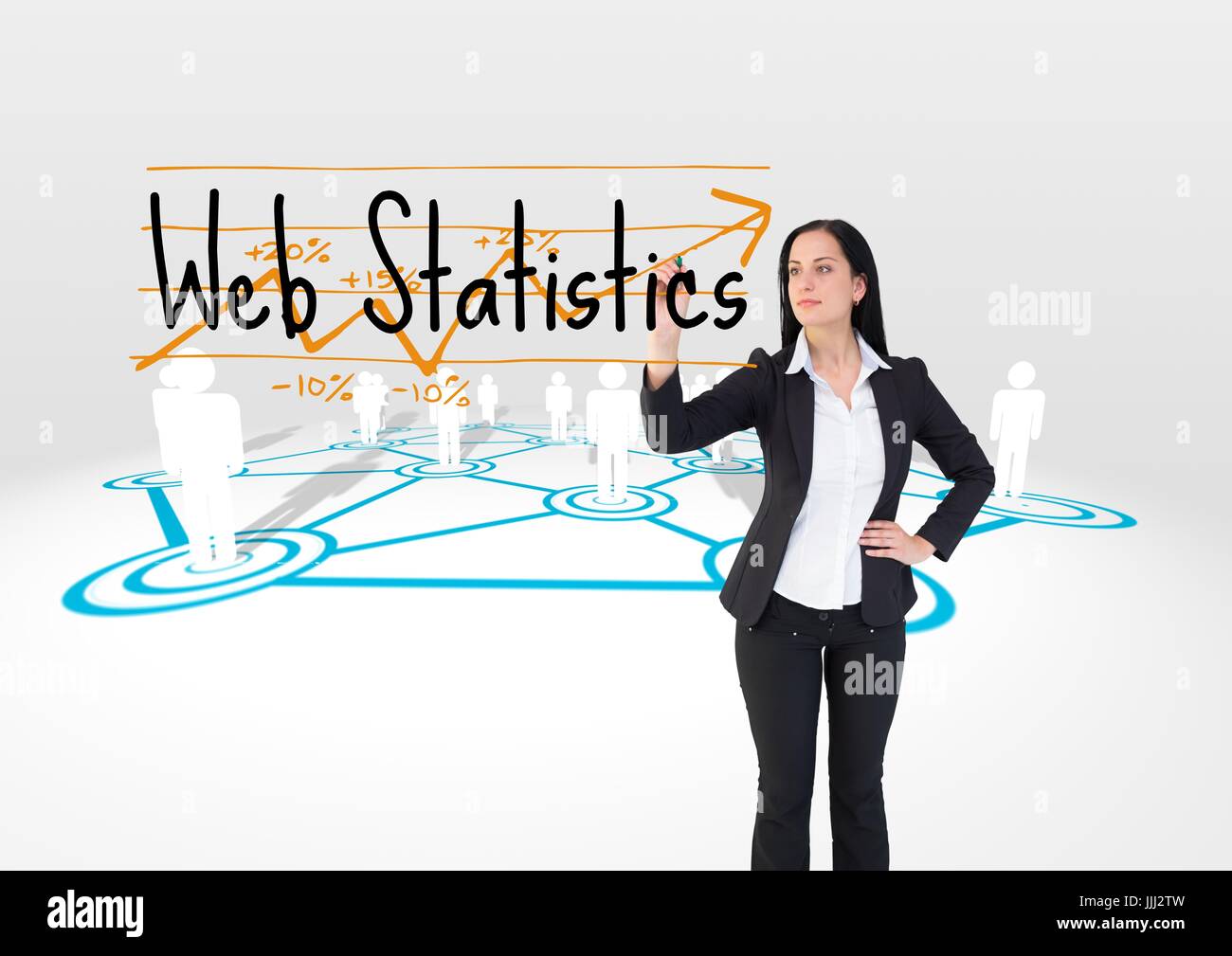 Junge Geschäftsfrau schreiben WEB-Statistik auf dem Bildschirm. Internet-Verbindungen hinter Stockfoto