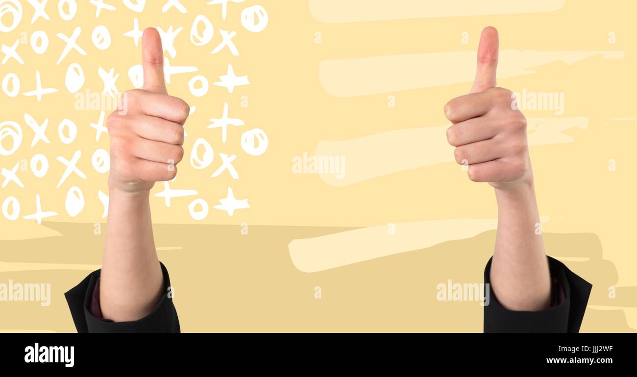 Zwei Hände geben Daumen gegen 3d gelbe Hand gezeichnet amerikanische Flagge Stockfoto