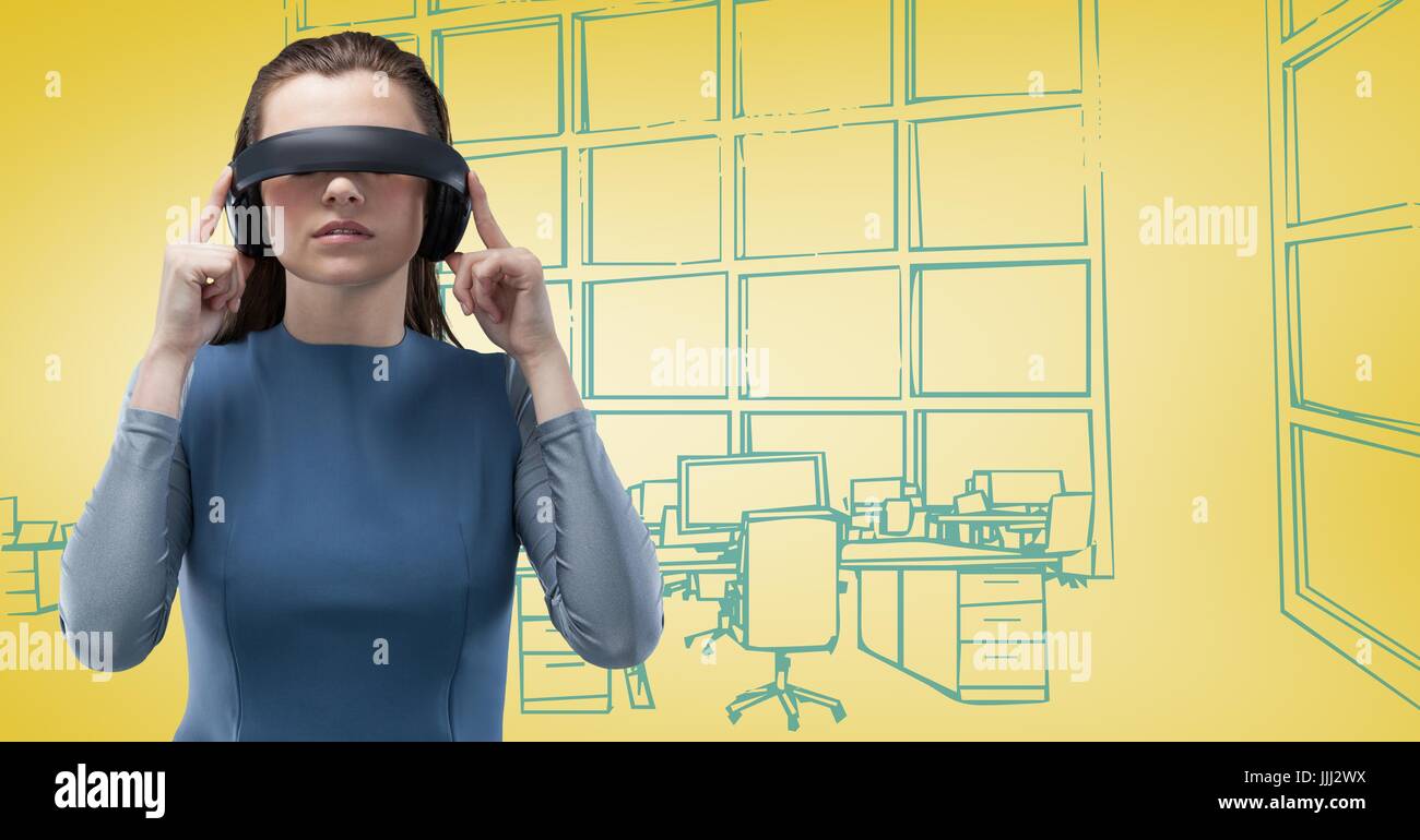 Frau in virtual-Reality-Kopfhörer gegen 3d gelbe und blaue Hand gezeichnet Büro Stockfoto
