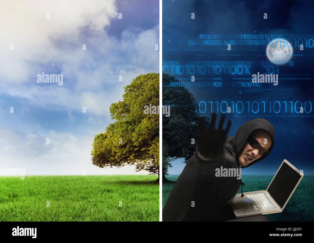 Neues Bild mit gutem Wetter aus einer Perspektive und dunkle Nacht mit Hacker aus einem anderen Pers. Stockfoto