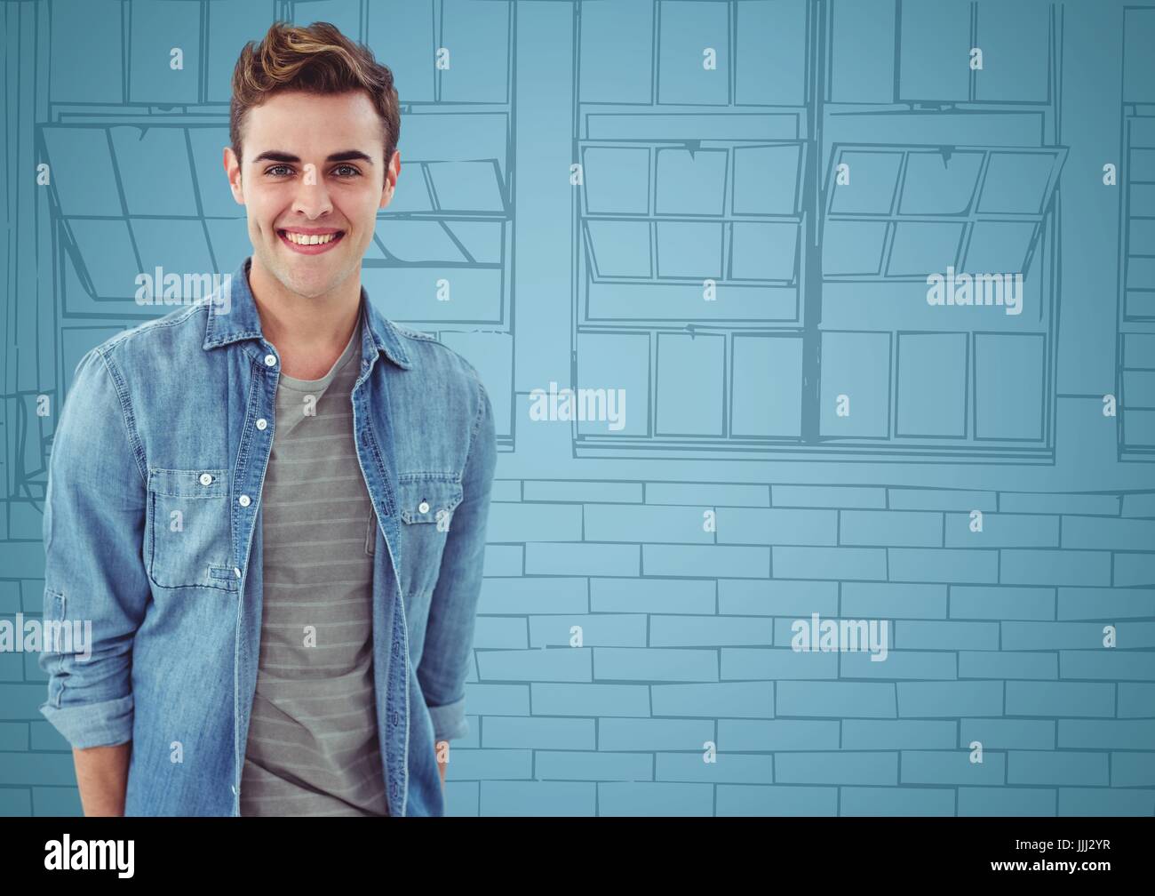 3D tausendjährigen Mann lächelnd gegen blaue Hand gezeichnet windows Stockfoto