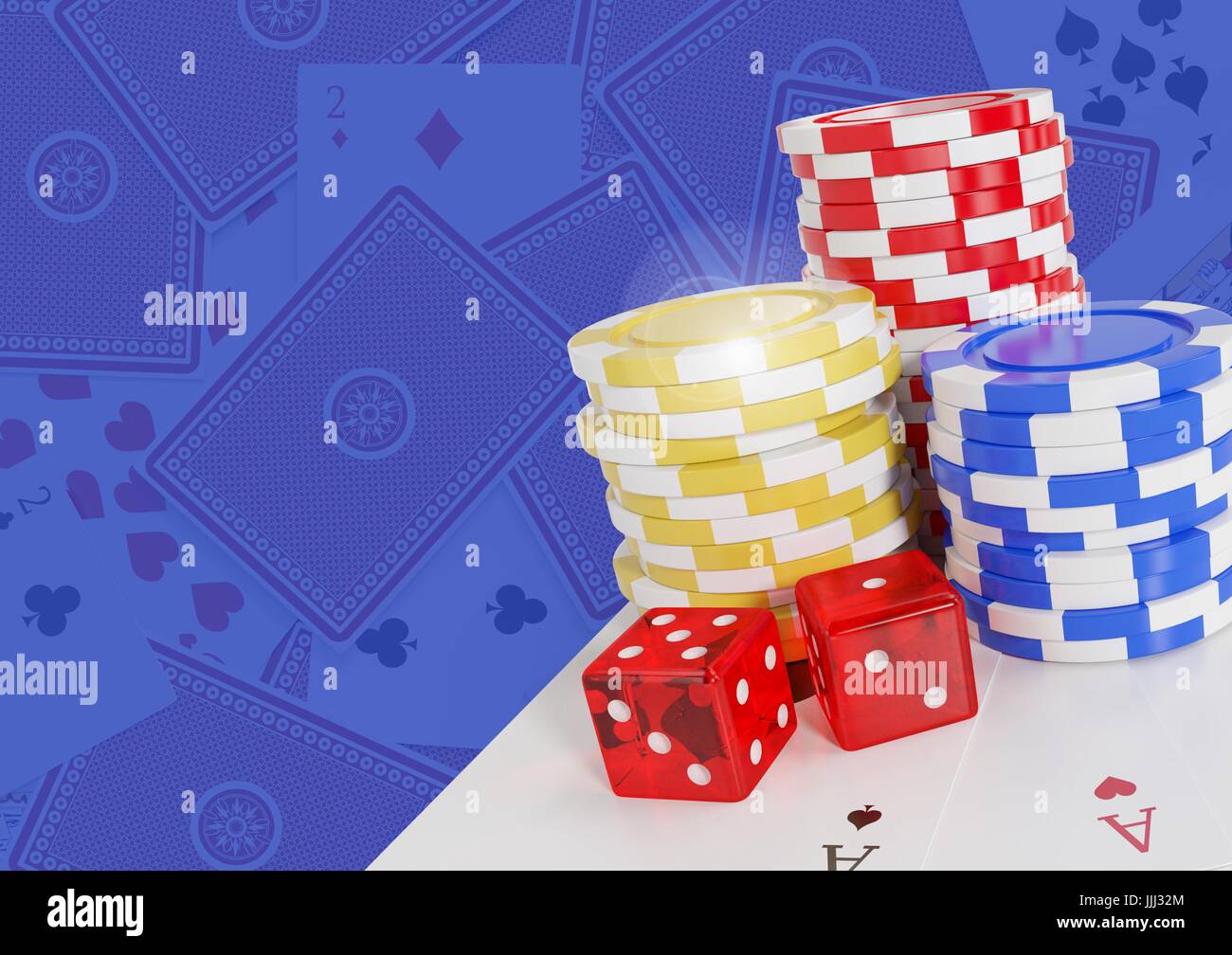 3D Poker Casino-Chips und Würfel und Karten Stockfoto