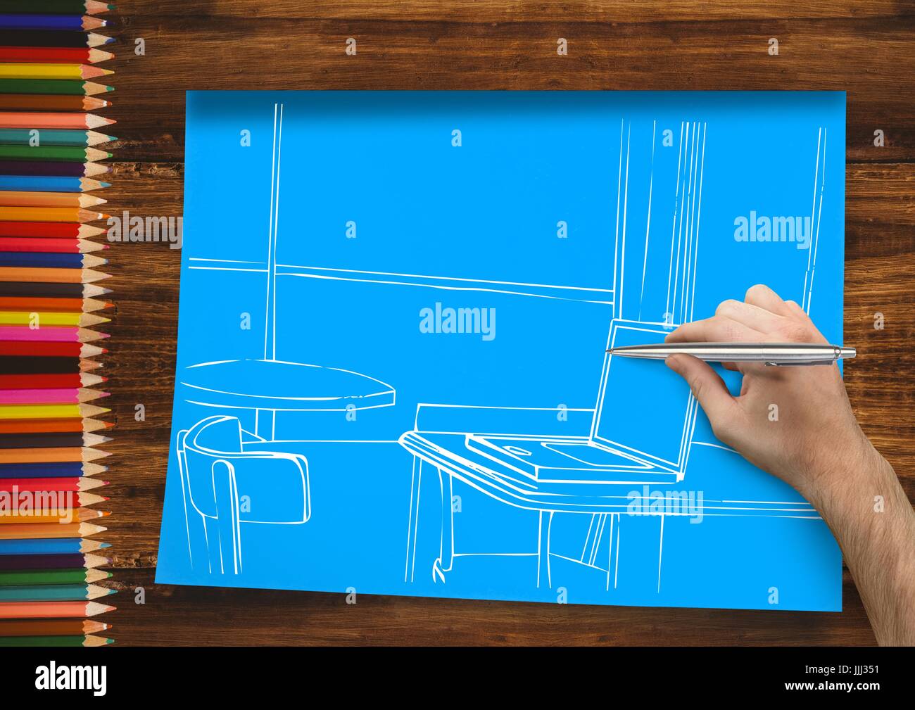 Handzeichnung Büro weiße Linien auf blauem Papier. In dem einen Schreibtisch mit Bleistiften Stockfoto