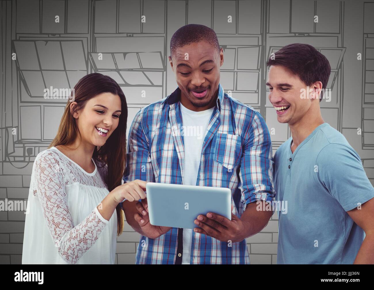 Tausendjährige Team mit Tablette gegen graue Hand gezeichnet windows Stockfoto