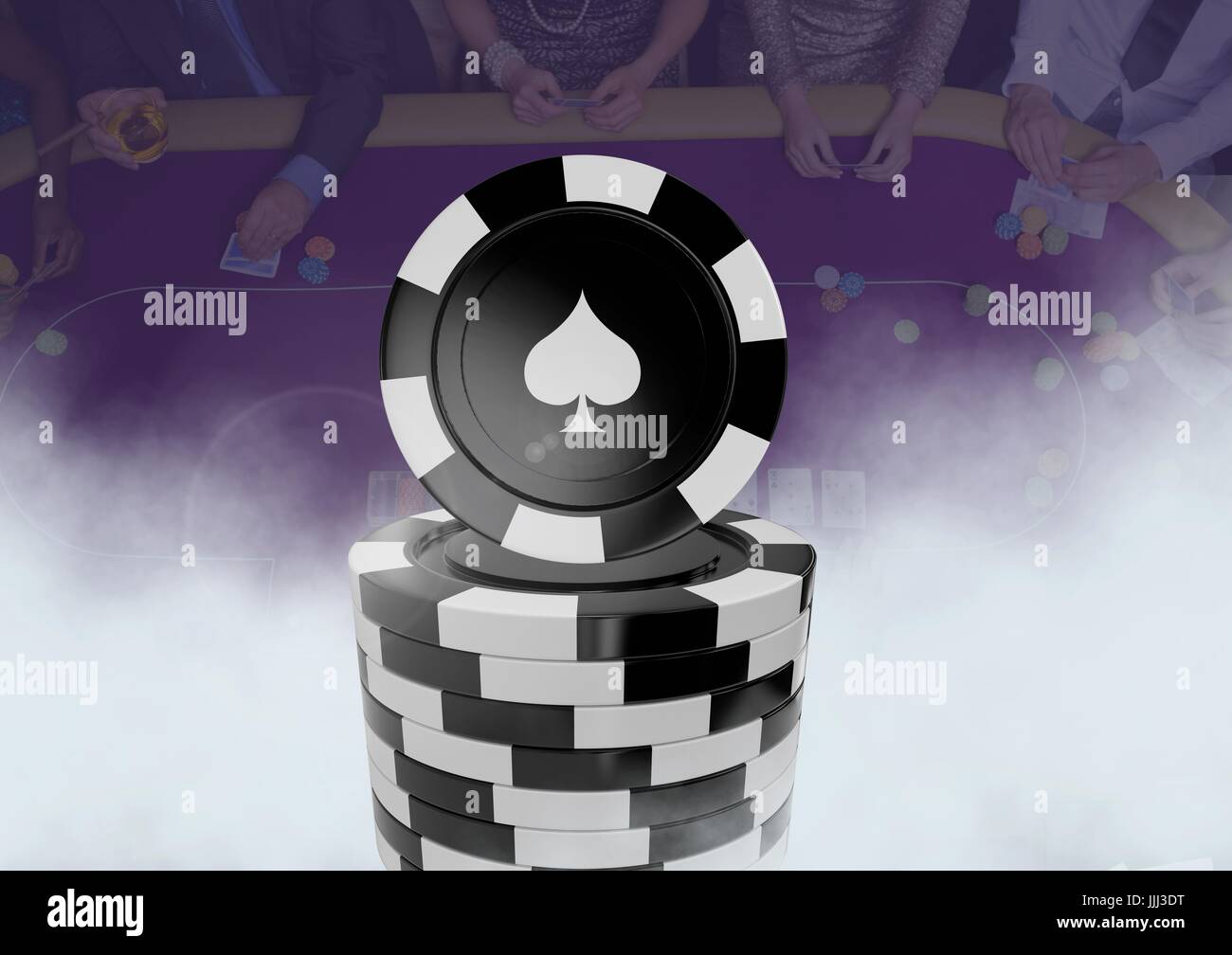 3D Pokerchips vor Leute Glücksspiel im Casino auf Tisch Stockfoto