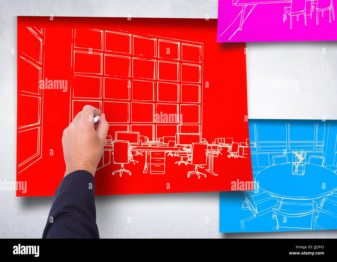 3D Handzeichnung Büro weiße Linien auf rotem Papier Stick an der Wand. 2 Bauplan mehr in blau und pink Stockfoto