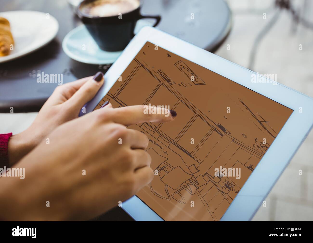 3D Plan auf Tablet (Two-Tone > braun und Orange) Stockfoto