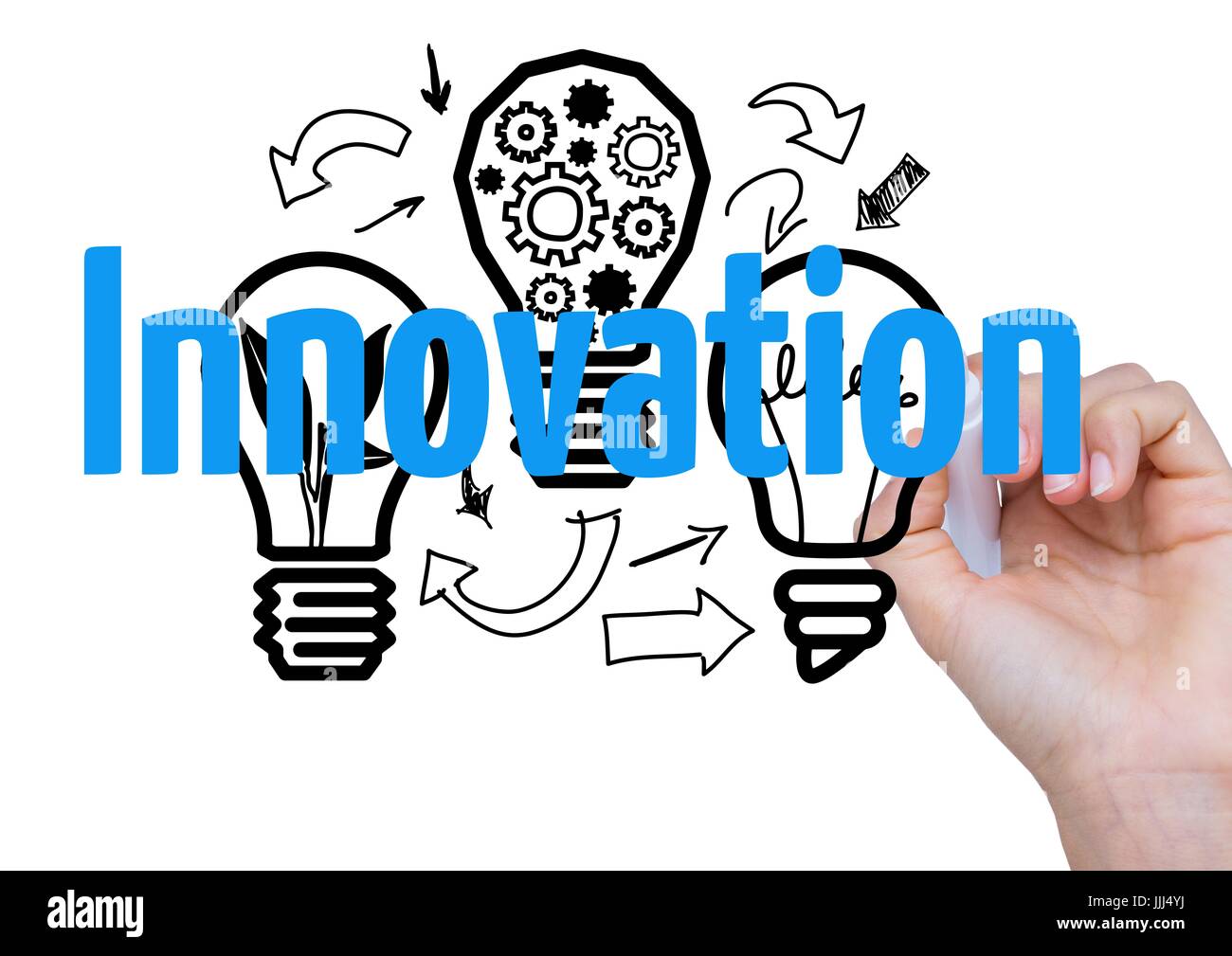 3D Hand schreiben INNOVATION mit Grafik von Lichtern und Zahnräder. Stockfoto