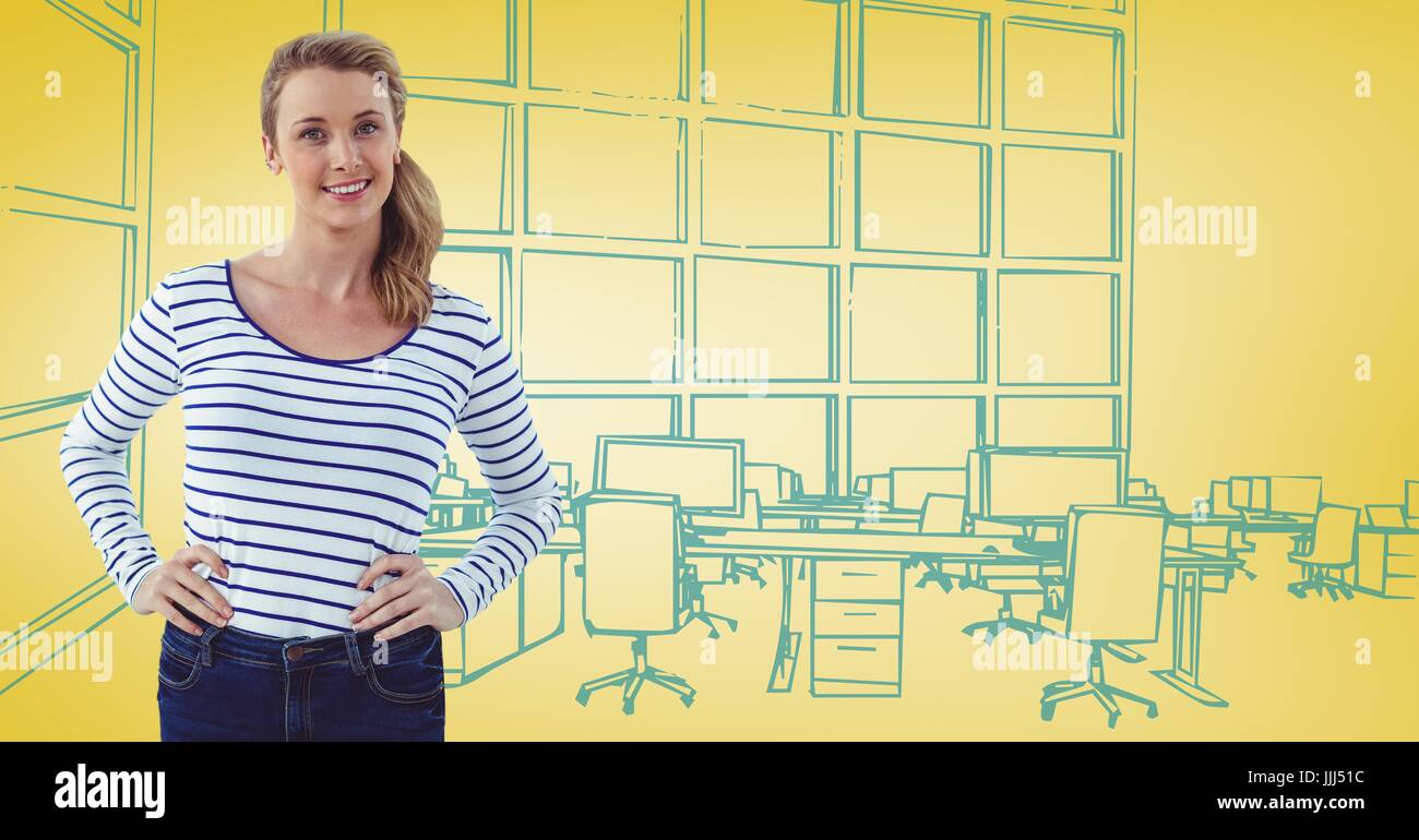 Tausendjährige Frau Hände auf den Hüften gegen 3D gelb und blau handgezeichnete Büro Stockfoto