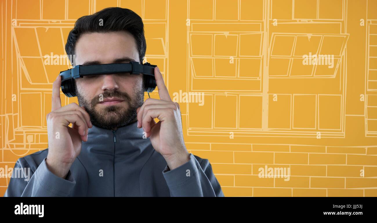 Mann in virtual-Reality-Kopfhörer gegen orange-weiße Hand gezogene Fenster Stockfoto