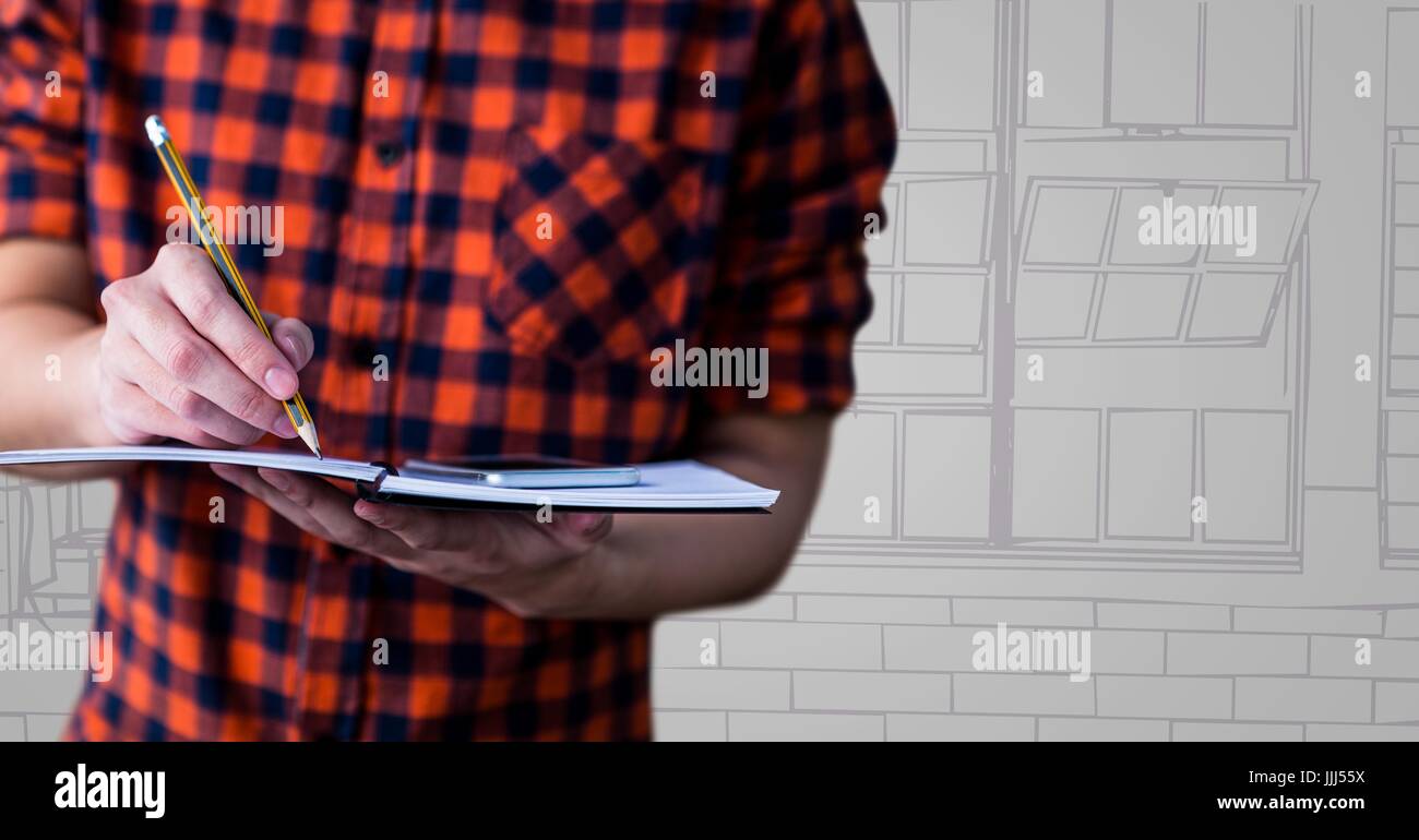 Mann in Check Shirt Mittelteil gegen lila und grau hand gezeichnete windows Stockfoto