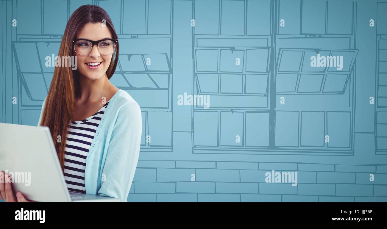 Tausendjährige Frau mit Laptop gegen blaue Hand gezeichnet windows Stockfoto