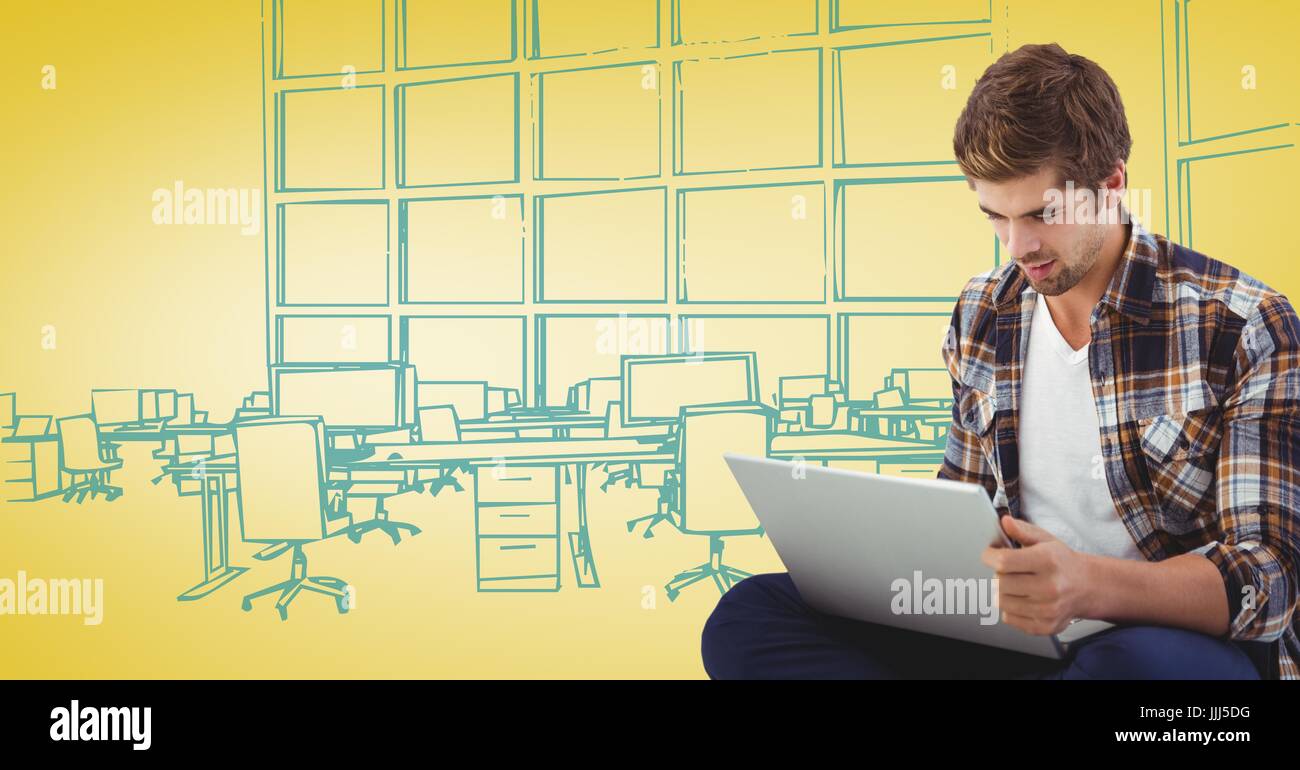 Milennial Mann mit Laptop gegen 3D gelbe und blaue Hand gezeichnet Büro Stockfoto