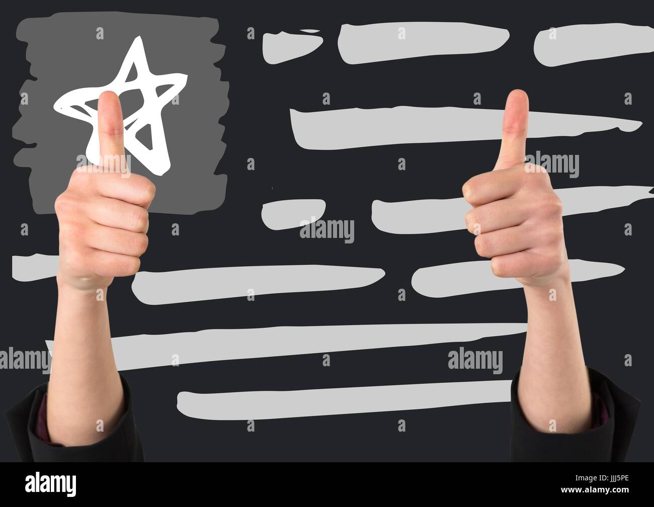 Zwei Hände geben Daumen gegen 3D grau Hand gezeichnet amerikanische Flagge Stockfoto