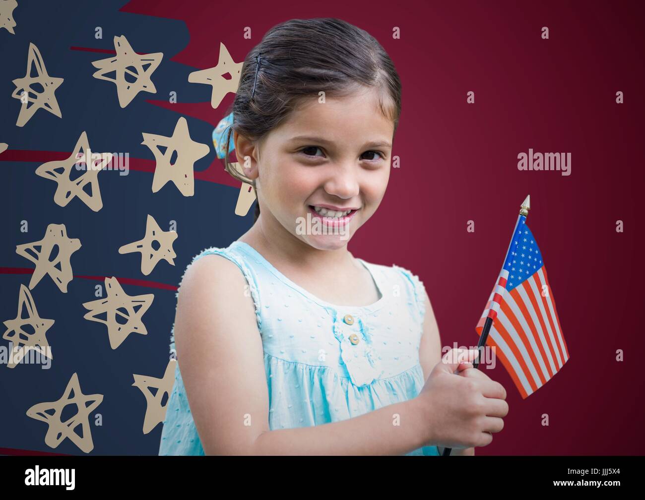 Mädchen mit amerikanischen Fahne kastanienbrauner Hintergrund mit Hand gezeichneten Sternenmuster Stockfoto