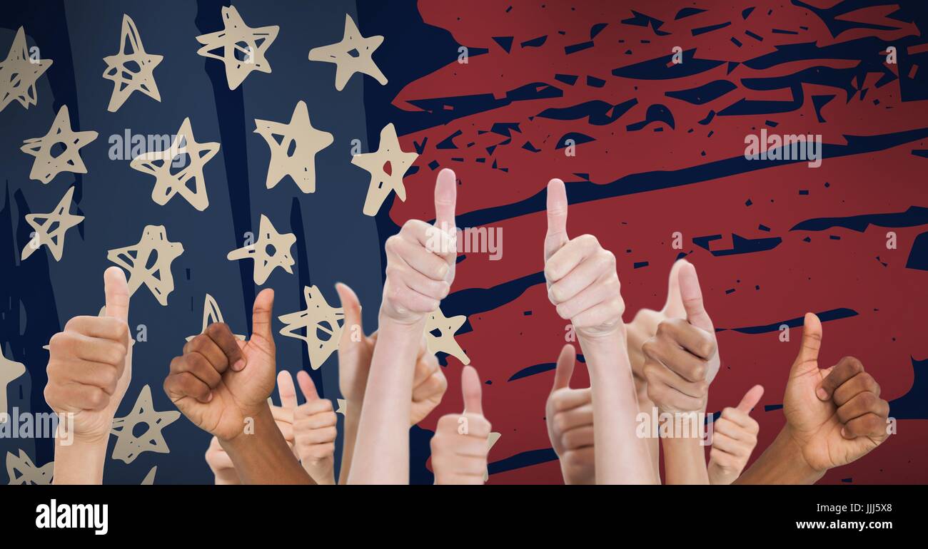 Mixed-Rennen Menschen, die Daumen gegen gezeichnete amerikanische Flagge Stockfoto