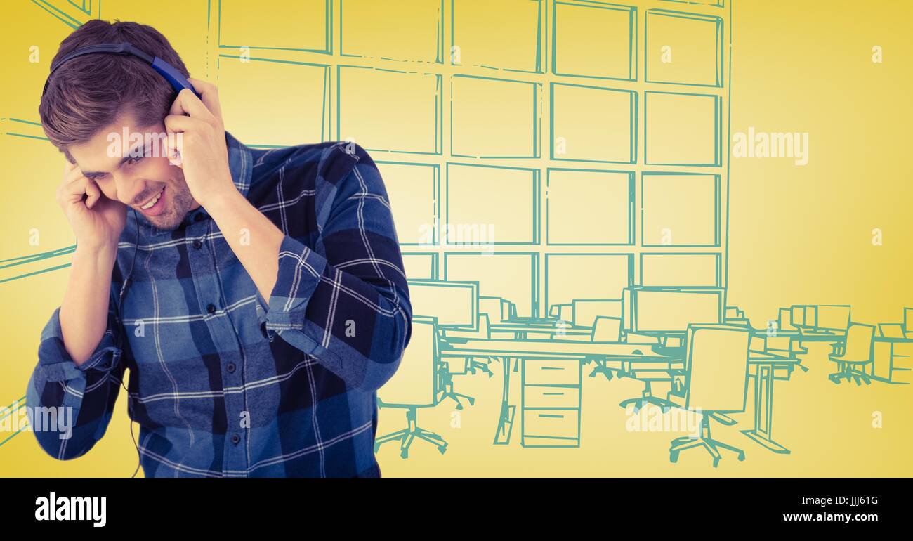 Milennial Mann mit Kopfhörer gegen 3d gelbe und blaue Hand gezeichnet Büro Stockfoto