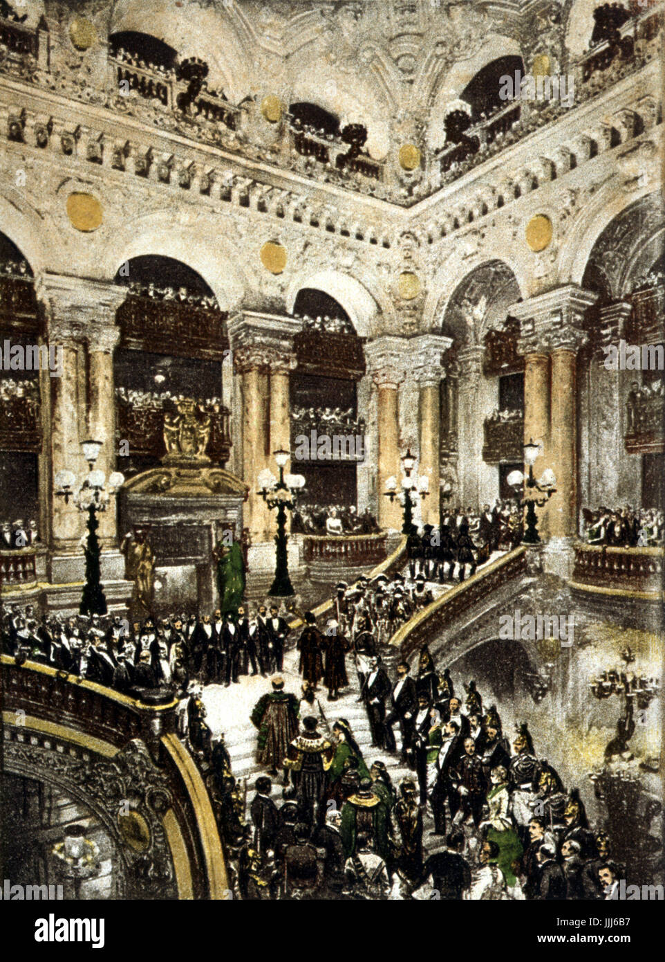 Paris Opera House-die Einweihung. mit Leistung.  Oper von Paris des 19. Jahrhunderts. Duell-Szene auf der Bühne. Das große Treppenhaus - Le Grand Escalier.  Opera House Stockfoto