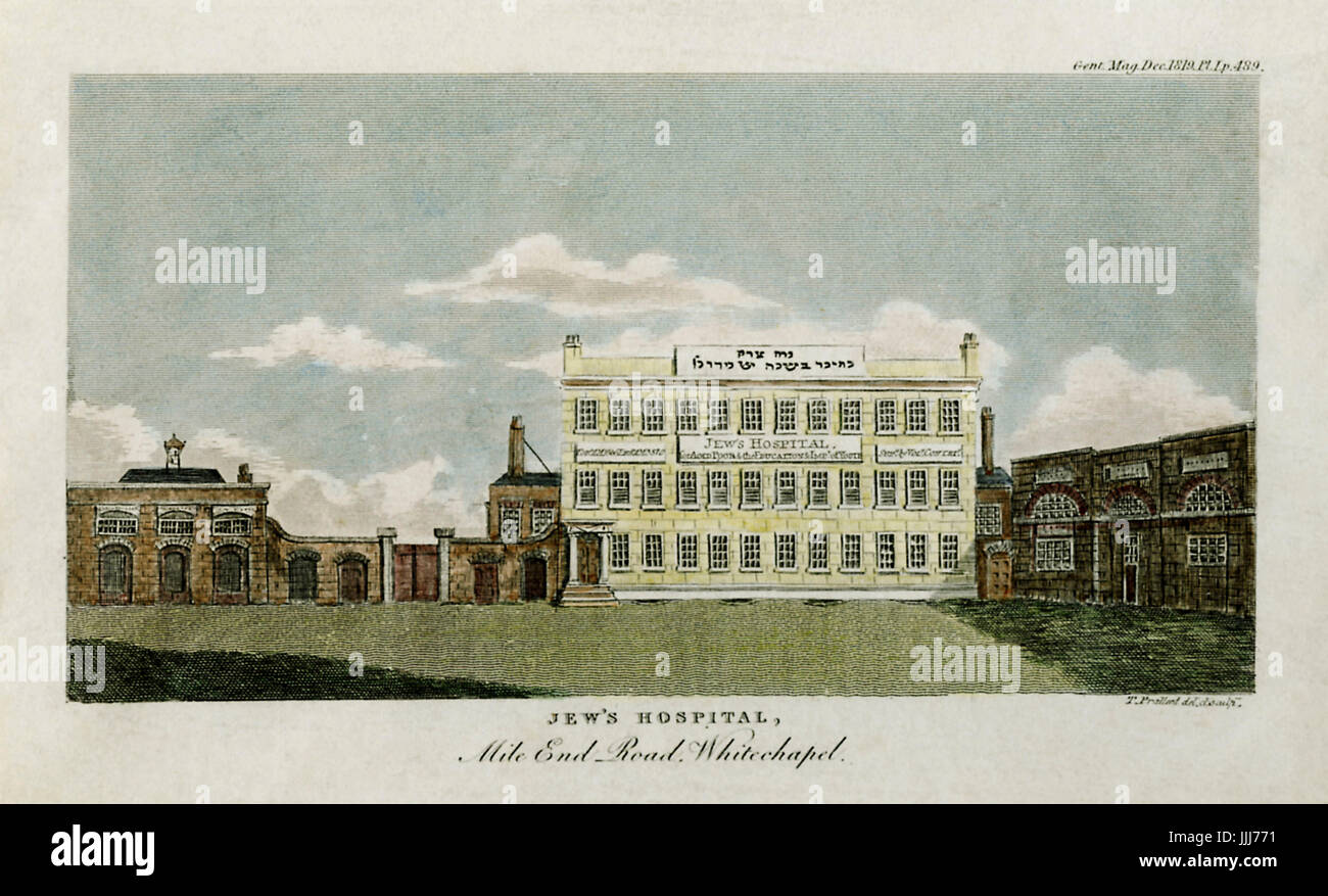 Jüdisches Krankenhaus, Meile Ende Straße, Whitechapel, London. Nach einem Stich von T. Prallent, 1819. Aus dem Dezember 1819 Ausgabe des Gentlemans Magazine. Stockfoto