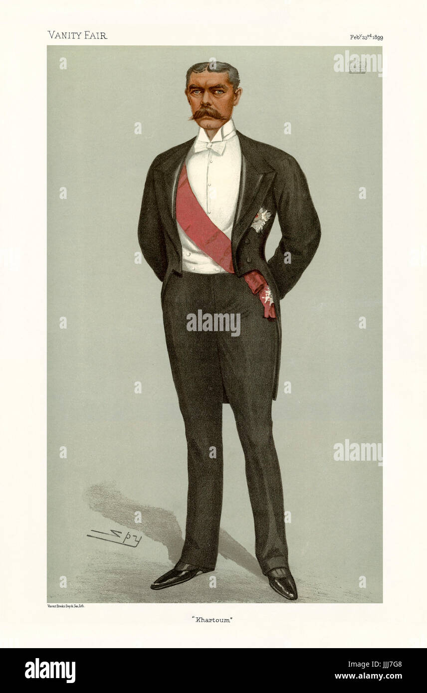 Herbert Kitchener, 1. Earl Kitchener - Porträt stehen. Vanity Fair Karikatur von Spy (richtiger Name Sir Leslie Matthew Ward 21 November 1851 – 15. Mai 1922). Bildunterschrift lautet "Khartum", 23. Februar 1899 datiert. (Lithografie von Vincent Brooks, Tag & Sohn) HK: senior britischer Offizier und Kolonialbeamter: 24. Juni 1850 – 5. Juni 1916. Stockfoto