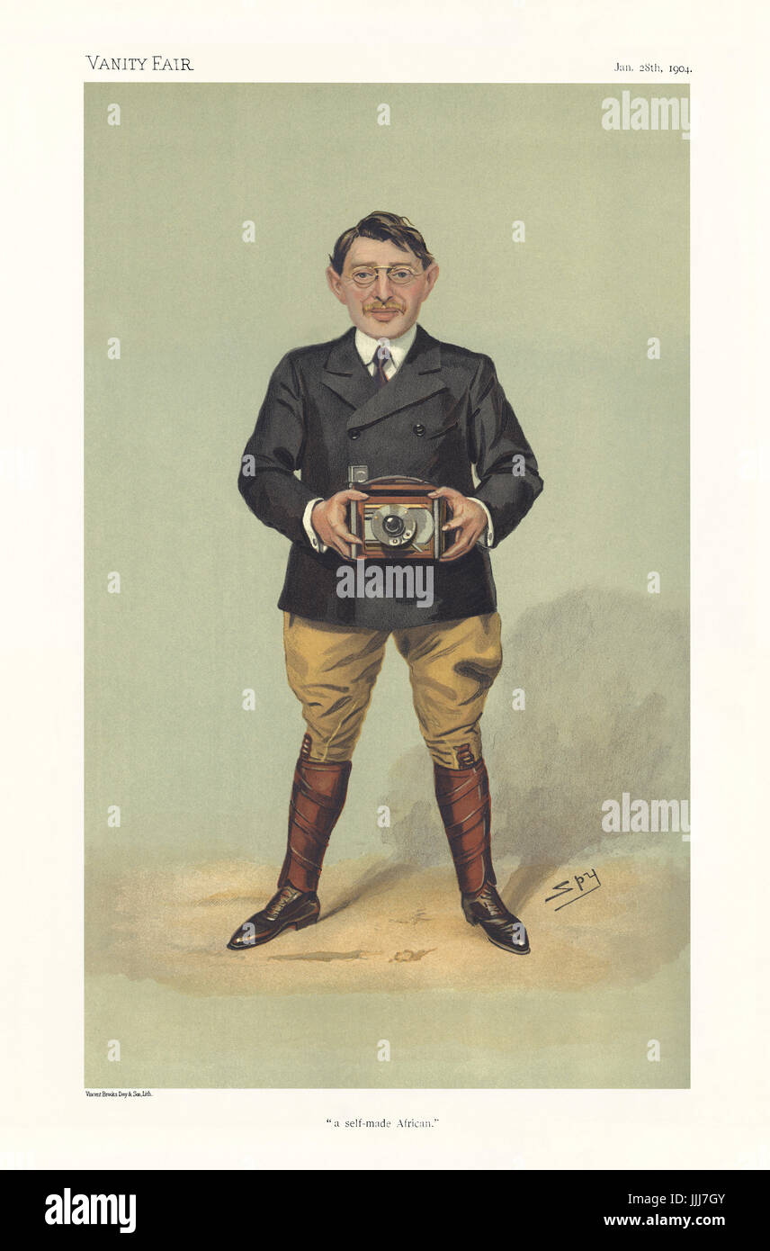 Charles Sydney Goldmann - Porträt mit Kamera Vanity Fair Karikatur von Spy (richtiger Name Sir Leslie Matthew Ward 21 November 1851 – 15. Mai 1922). Bildunterschrift lautet "ein Self-made Afrikaner", datiert 28. Januar 1904. CSG: Britischer Unternehmer, Autor und Journalist: 1868 – 7. April 1958. Stockfoto