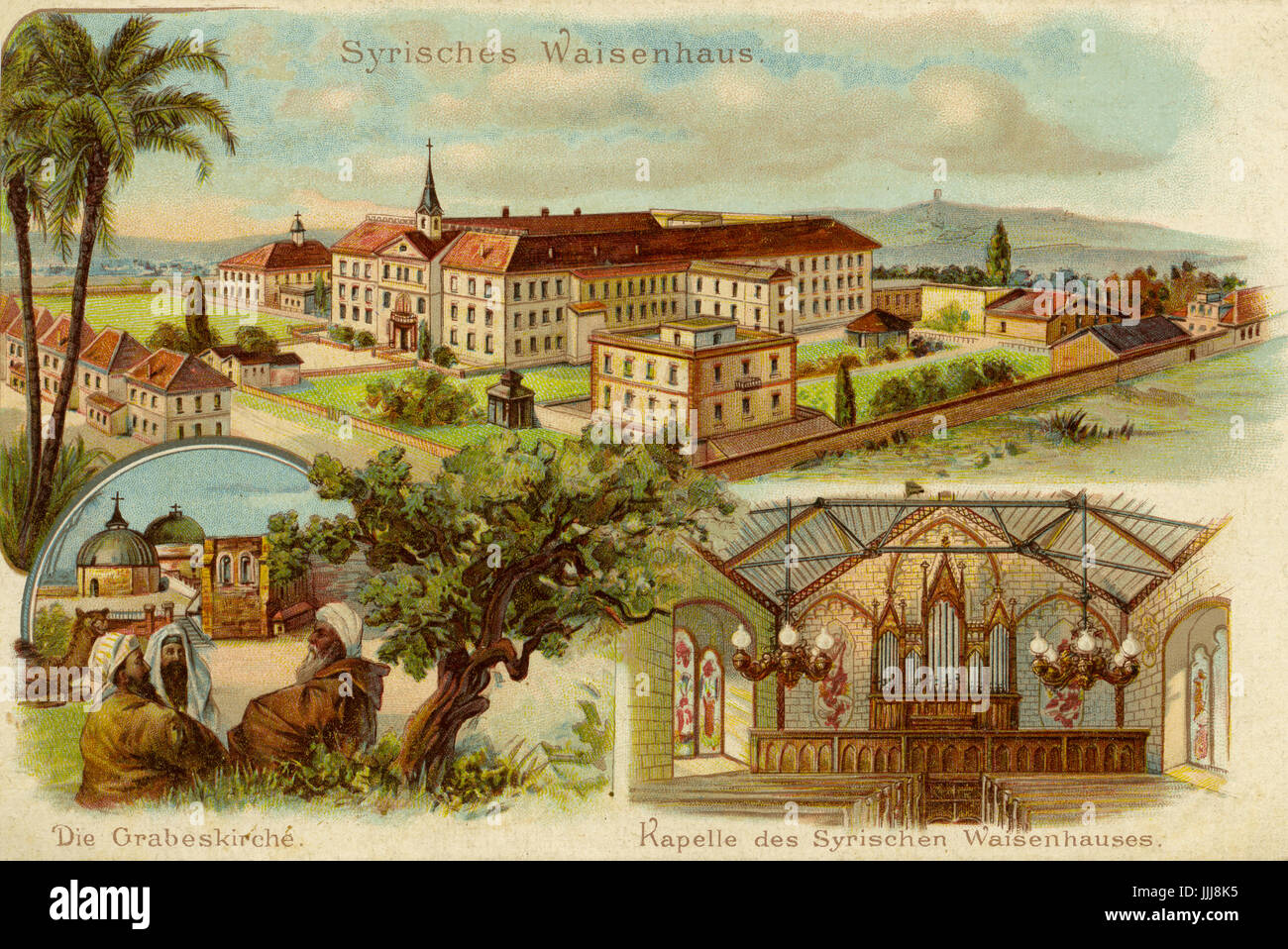 Schneller-Waisenhaus, auch genannt das syrische Waisenhaus, Deutsche Evangelische Waisenhaus, die in Jerusalem von 1860 bis 1940 betrieben. Postkarte, Ende 19. / Anfang 20. Jh. Stockfoto