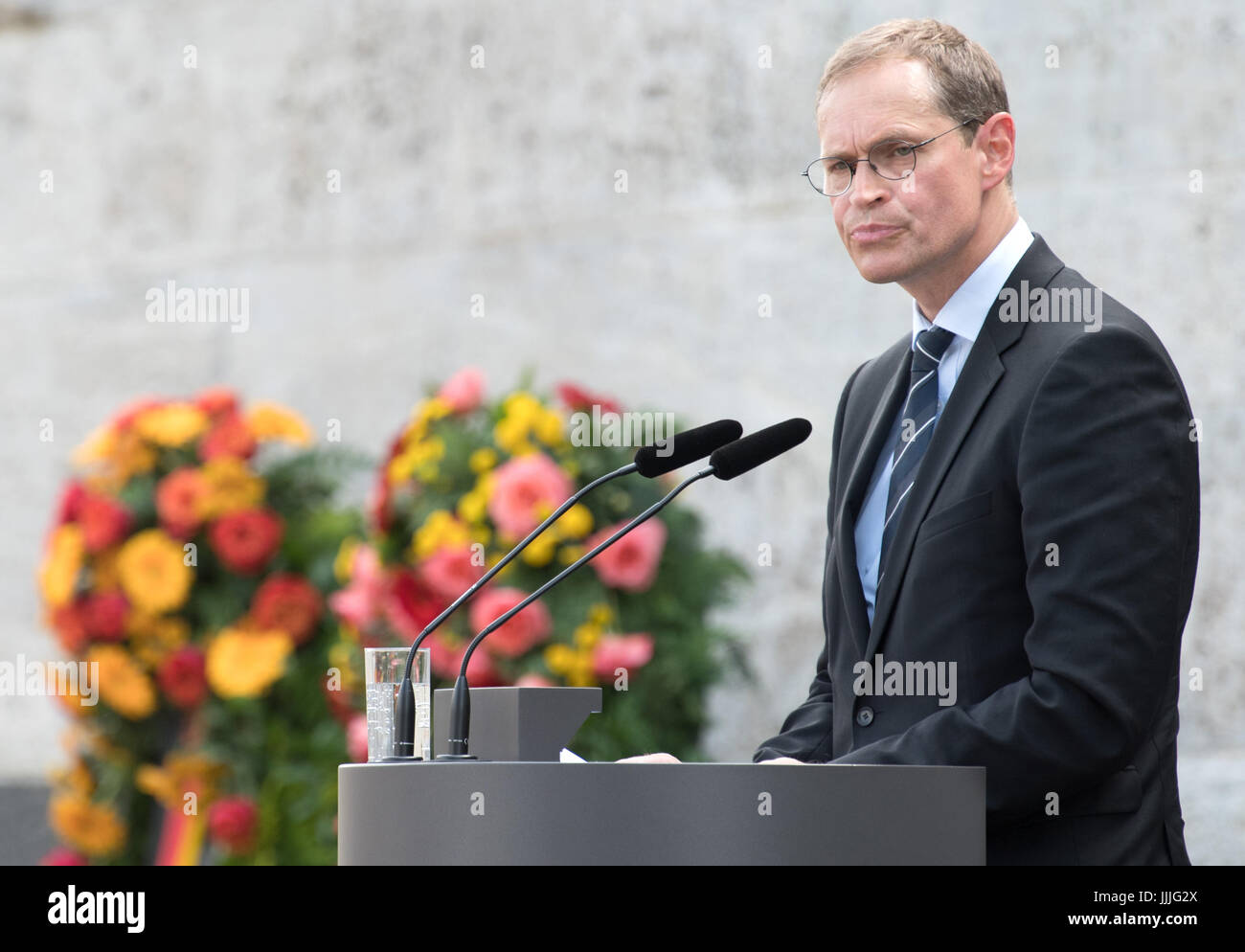 Berlin, Deutschland. 20. Juli 2017. Michael Müller, Bürgermeister von Berlin, spricht in der Plotensee-Gedenkstätte in Berlin, Deutschland, 20. Juli 2017. Die Gedenkfeier Veranstaltung fand anlässlich des 73. das gescheiterte Attentat auf Hitler. Foto: Soeren Stache/Dpa/Alamy Live News Stockfoto