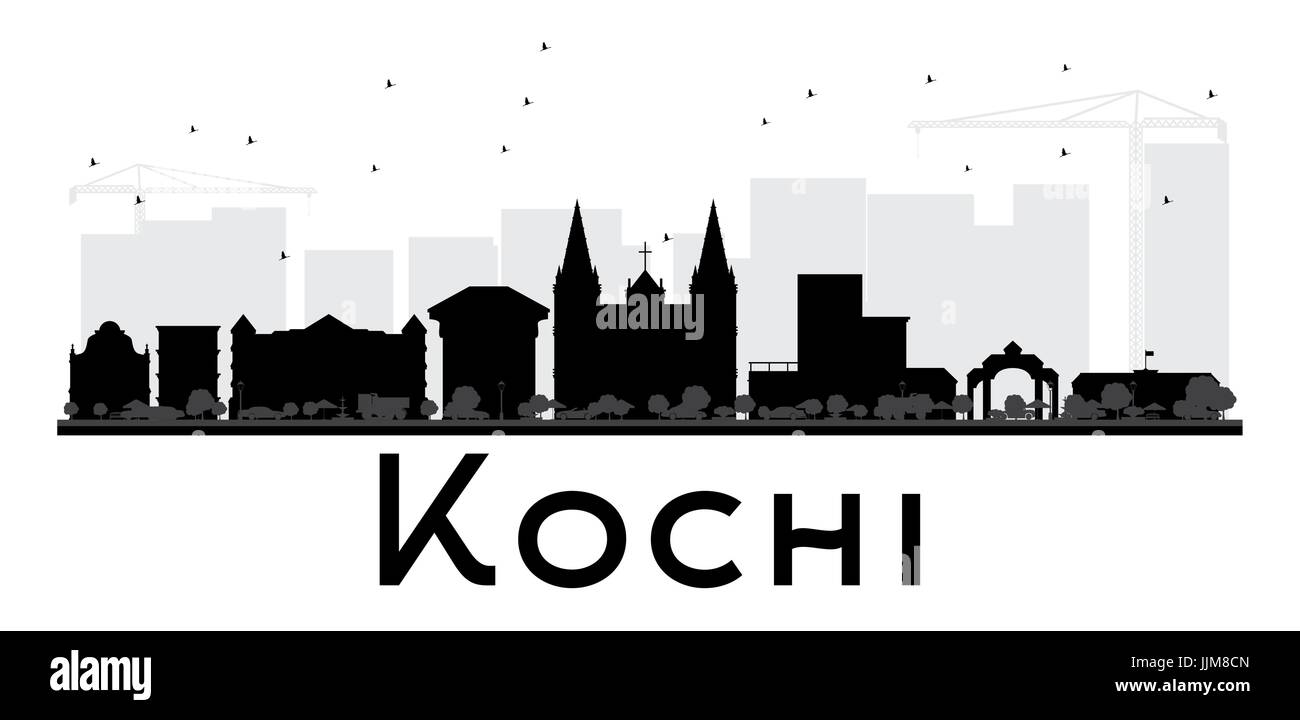 Kochi City Skyline schwarze und weiße Silhouette. Vector Illustration. einfache flache Konzept für Tourismus Präsentation, Banner, Plakat oder Website. Stock Vektor