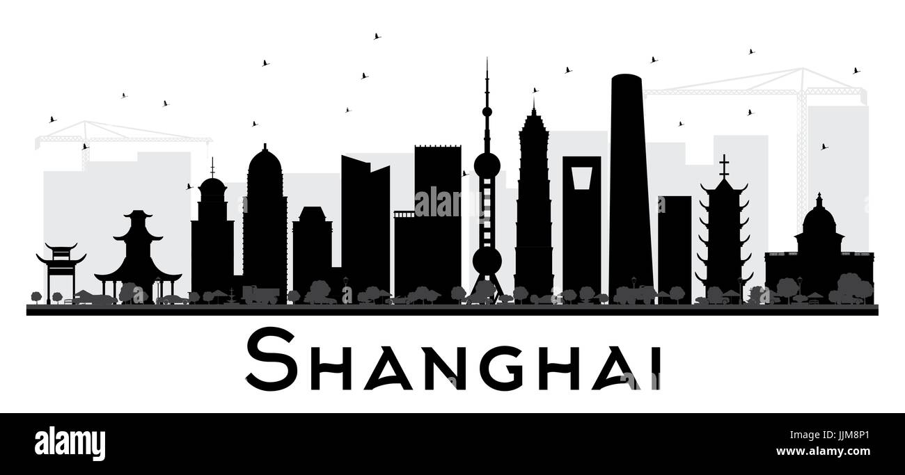 Shanghai City Skyline schwarze und weiße Silhouette. Vector Illustration. einfache flache Konzept für Tourismus Präsentation, Banner, Plakat oder Website. Stock Vektor