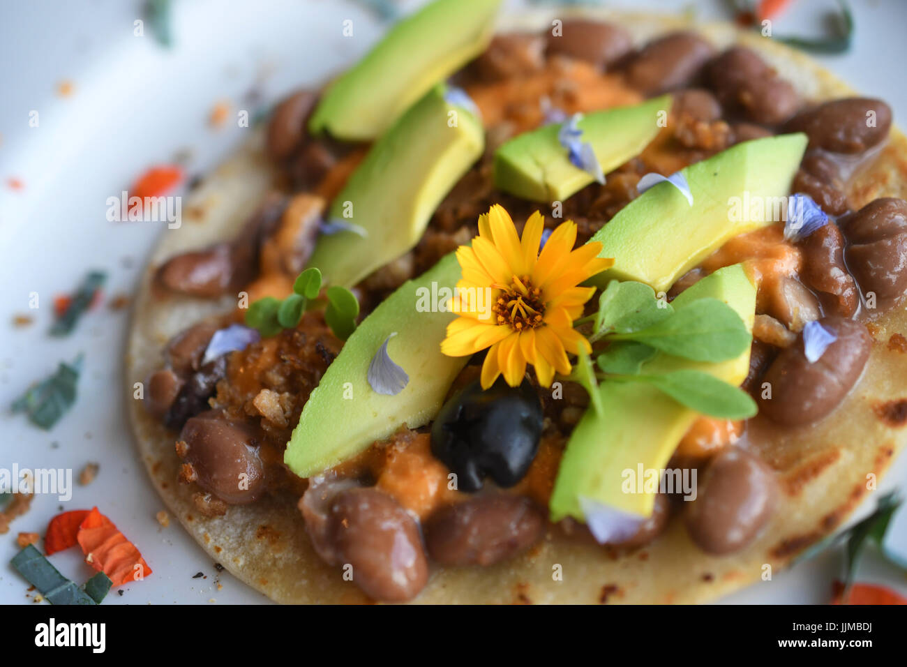 Taco Dienstag, vegane Tacos mit Chorizo-Bohnen, veganen Käse, Avocado, blaue Blume Blütenblatt und eine gelbe Blume. Stockfoto